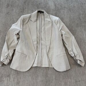 Amanda + Chelsea Beige Pinstripe Ruched Sleeve Linen Blend Blazer Jacket Size M